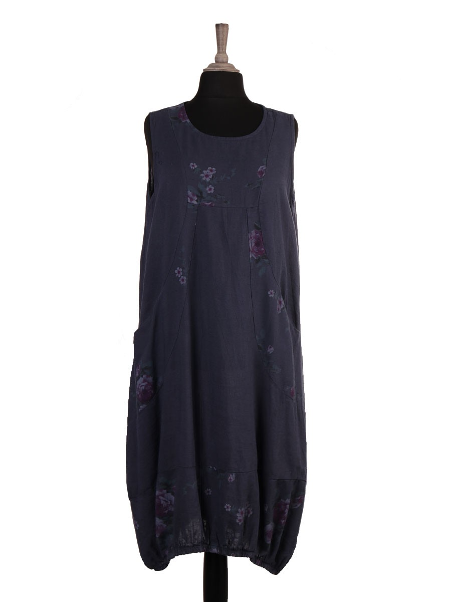 Italian Elasticated Hem Floral Linen Lagenlook Dress