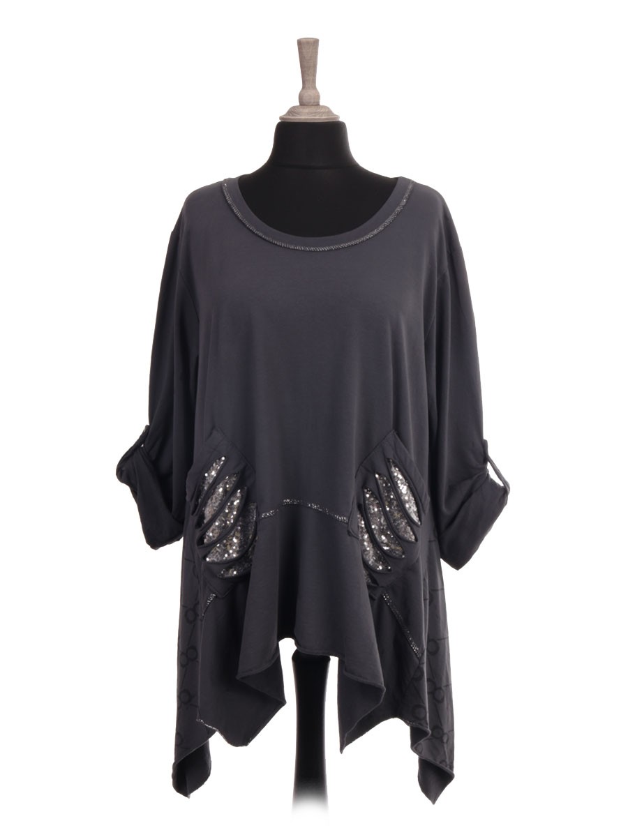 Italian Made Glittery Trim Tunic Top With Sequin Pockets