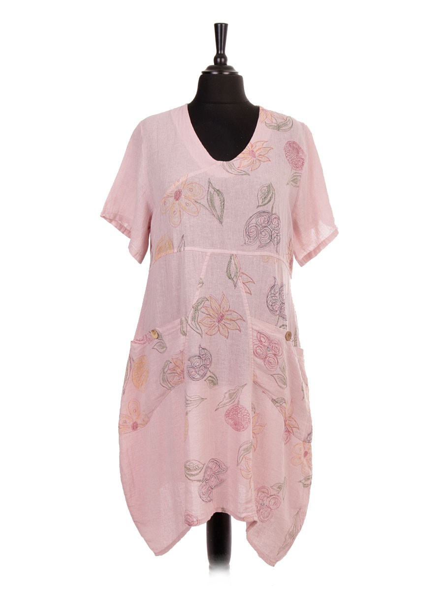 Made In Italy Linen Dress, Short Sleeve Linen Floral Lagenlook