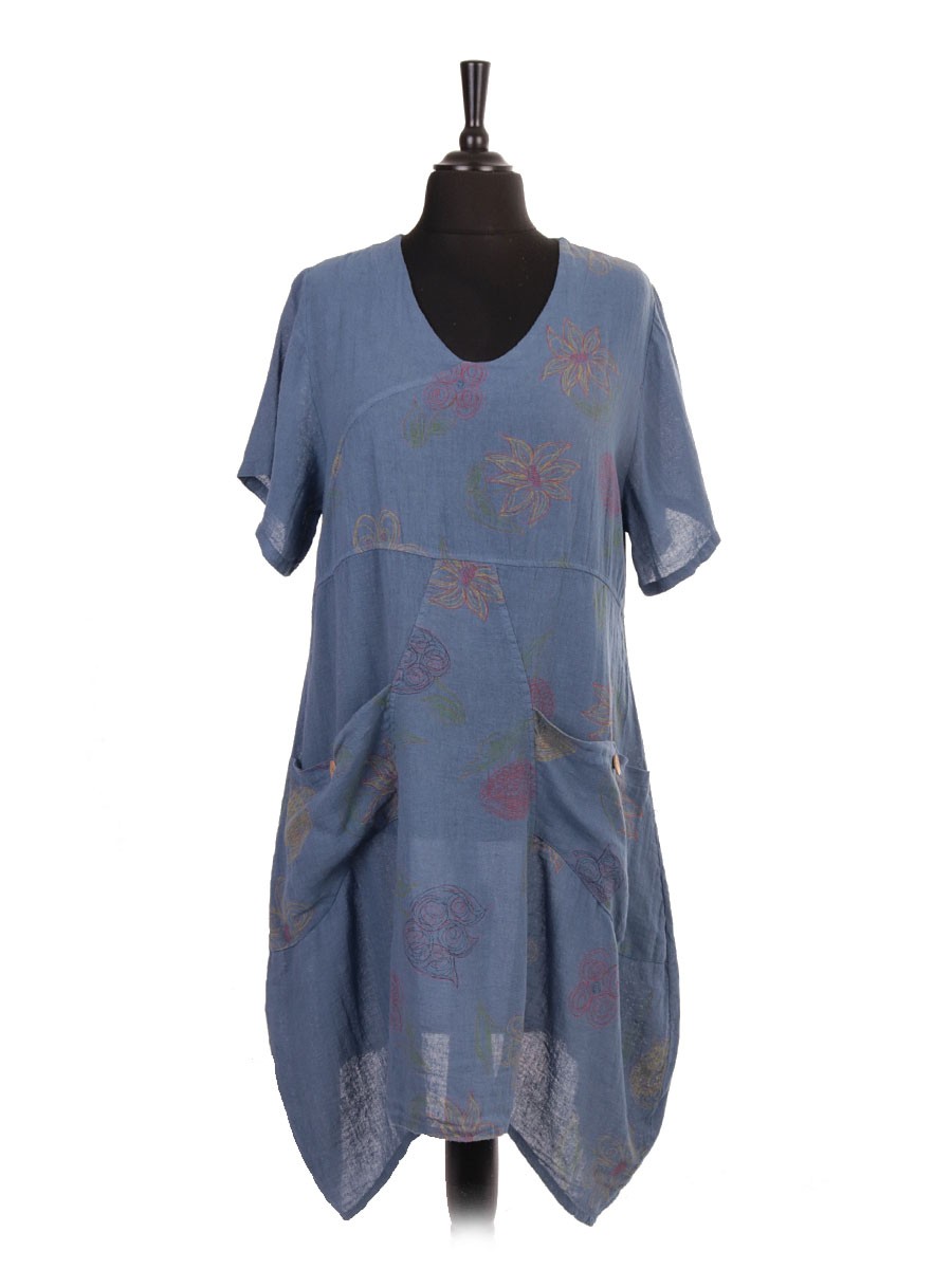 Made In Italy Linen Dress, Short Sleeve Linen Floral Lagenlook Dress ...