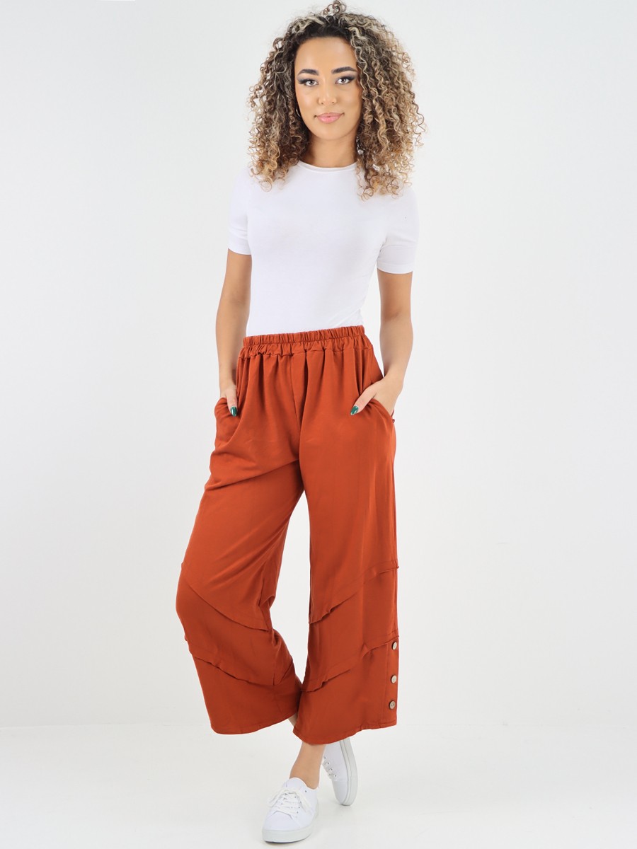 Italian Side Button Detail Pleated Wide Leg Trousers