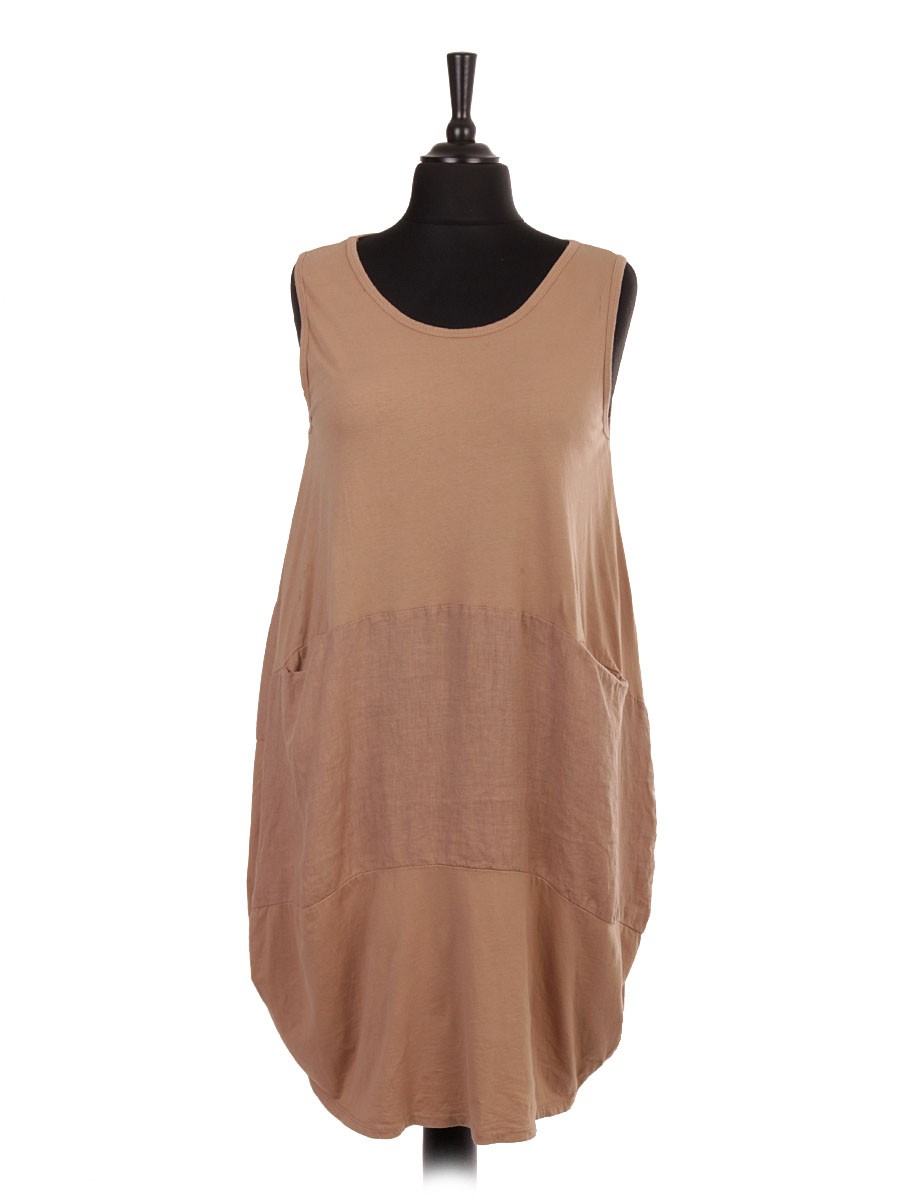 Italian Sleeveless Lagenlook Dress With Front Linen Patch and Pockets