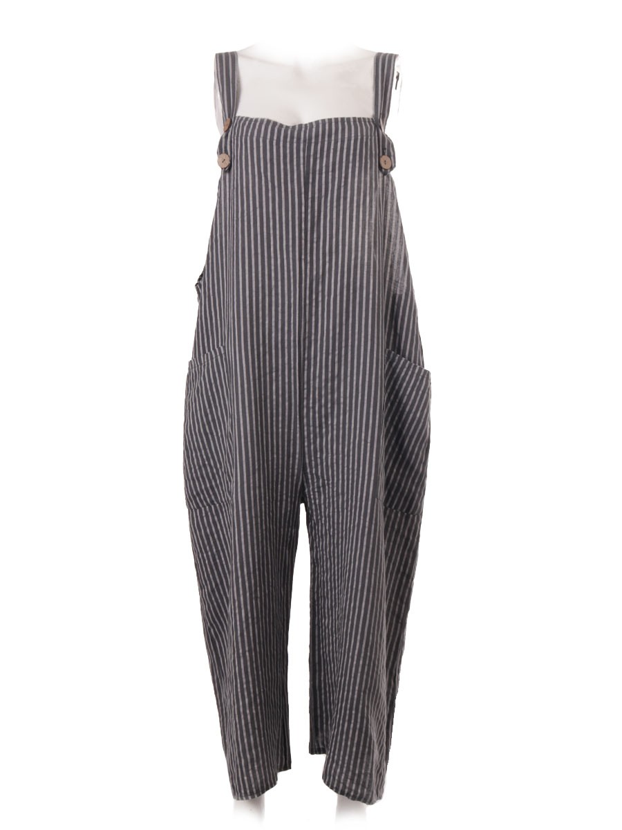 Made In Italy Wholesale Stripe Linen Dungaree With Button Fastening Straps