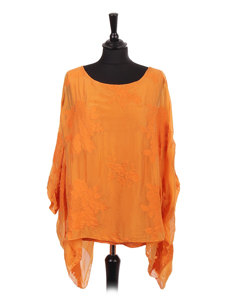 Made In Italy Two Layered Embroidered Silk Batwing Top