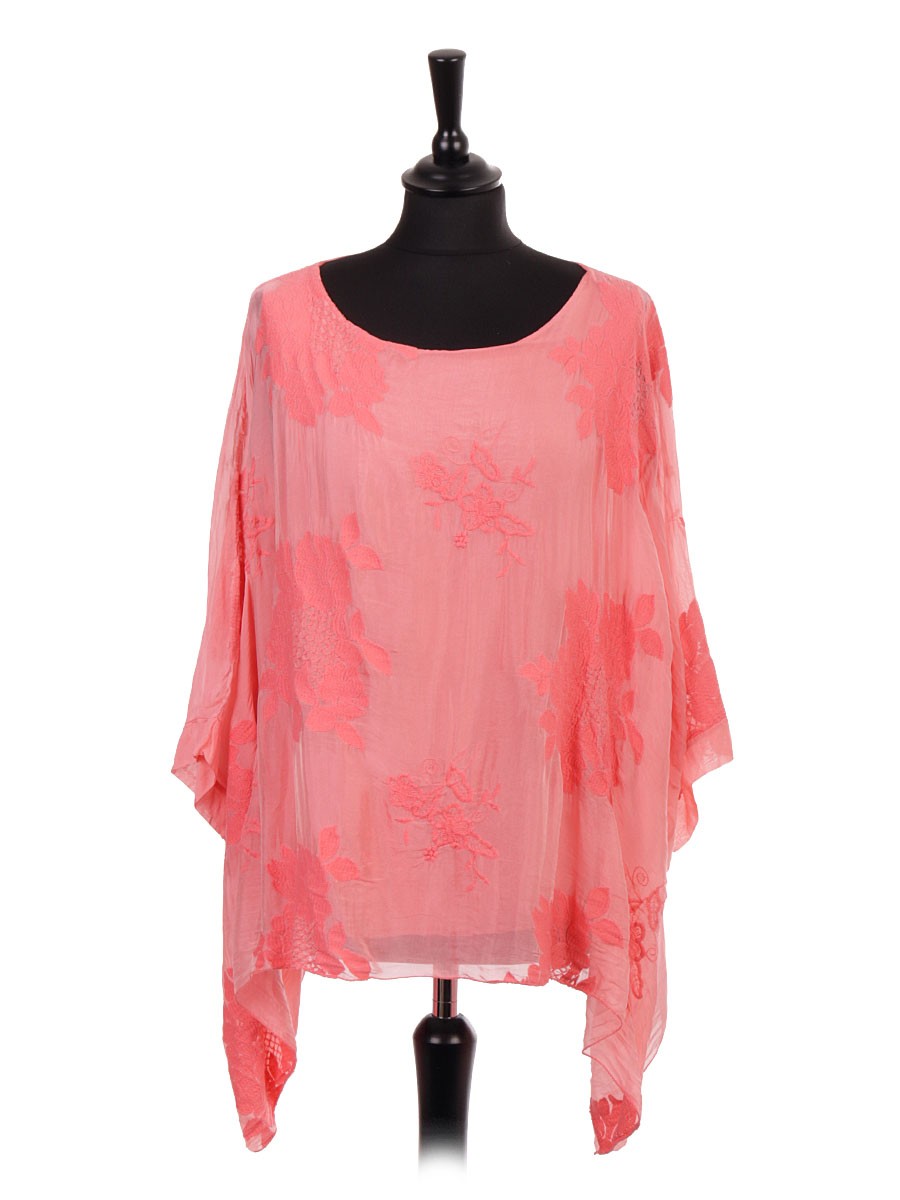 Made In Italy Two Layered Embroidered Silk Batwing Top
