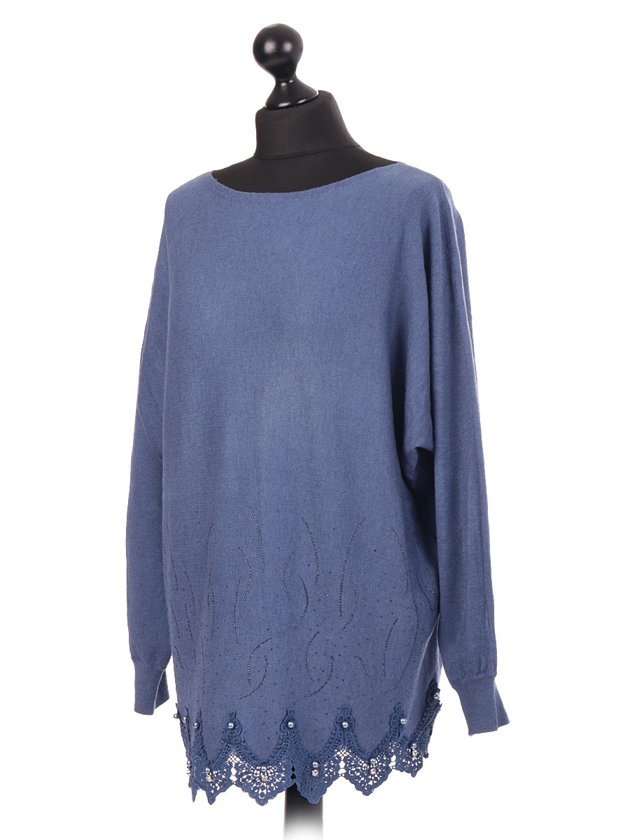 Italian Knitted Jumper With Lace Hem & Diamante Pattern