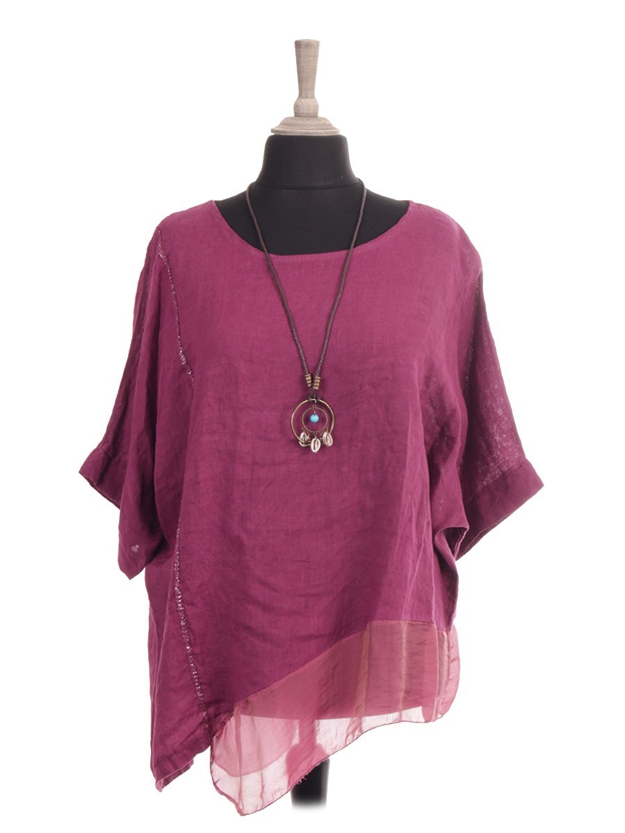 Made In Italy Linen Assymetric Silk Hem Plus Size Top With Necklace