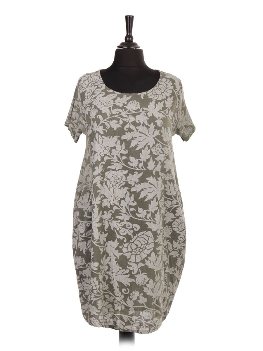 Made In Italy Linen Floral Lagenlook Dress With Ribbed Sleeves And ...