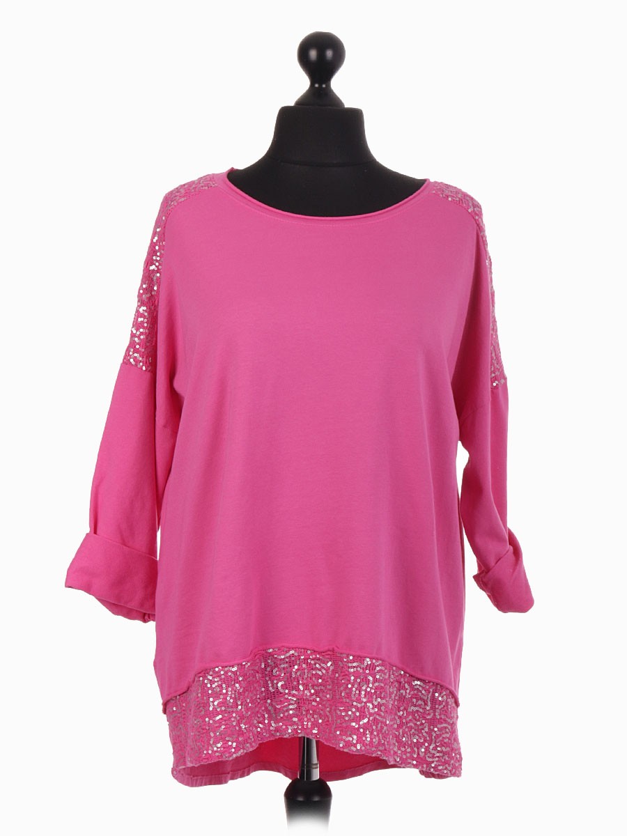 Italian Dip Hem Top With Crochet And Sequin Patch