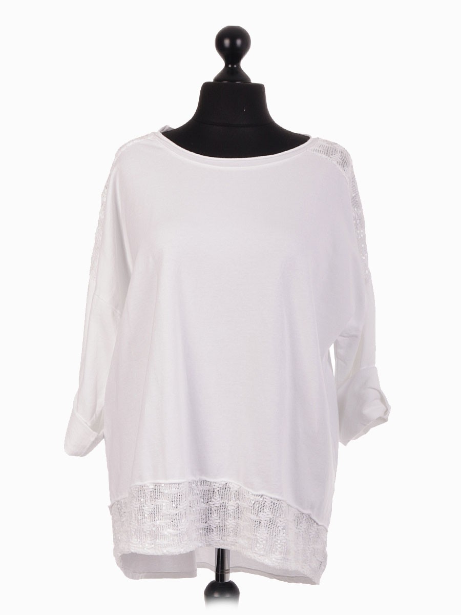 Italian Dip Hem Top With Crochet And Sequin Patch