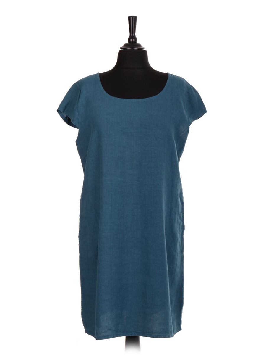 Italian Linen Lagenlook Dress With Ribbed Panel And Side Pockets