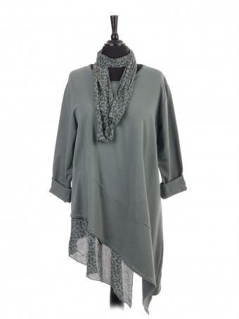 Italian Asymetric Leopard Print Hem Dress With Scarf