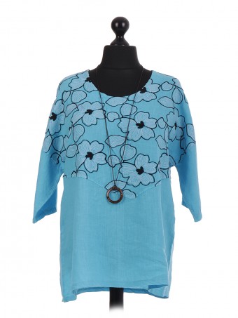 Italian Floral Embroidered Top With Necklace