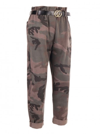 High Waist Camouflage Print Italian Trouser With Belt