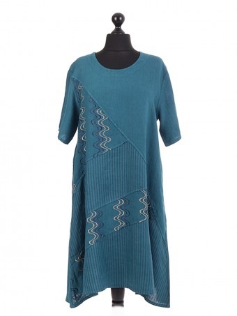 Italian Linen Embroidery Stripe Panel Dress