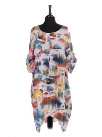 Italian Abstract Print Wrap Over Hem Linen Lagenlook Dress With Side Pockets
