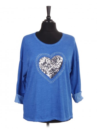 Italian Acid Dye Heart Sequin Batwing Dip Hem Top