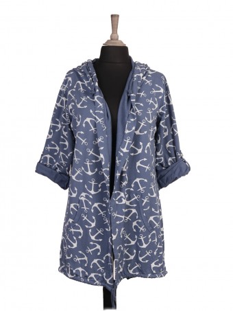 Italian Anchor Printed Drawstring Hem Hooded Jacket