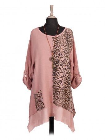 Italian Animal Print Panel Tunic Top With Necklace