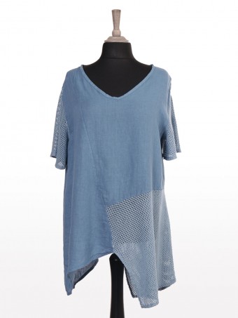 Italian Asymmetric Hem Crochet Sleeves Linen Top