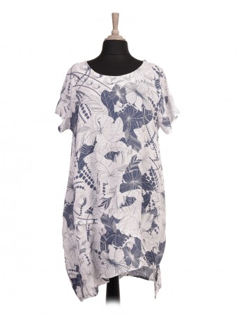 Italian Asymmetric Hem Floral Printed Linen Lagenlook Dress