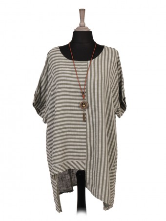 Italian Asymmetric Hem Stripy Print Top With Necklace