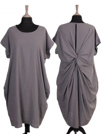 Italian Back Knot Detail Linen Dress with Side Pockets