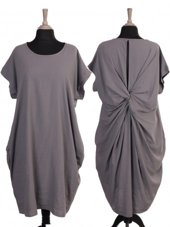 Italian Back Knot Detail Linen Dress with Side Pockets