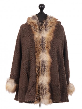 Italian Brown Textured Fur Hooded Cape Jacket