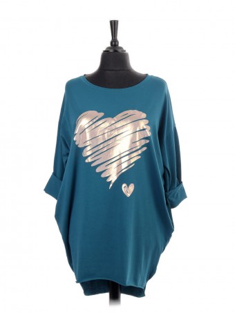 Italian Brush Stroke Glossy(Silver/Gold) Heart Print Dip Hem Top