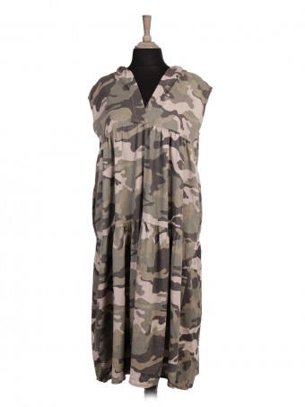 Italian Camouflage Print Hooded Tiered Dress