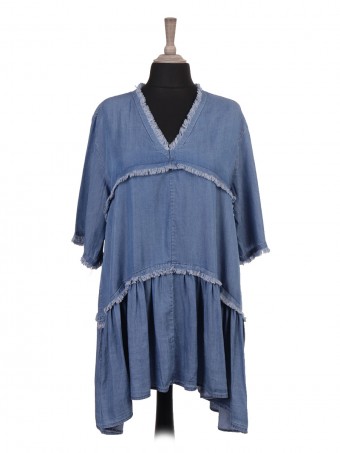 Italian Chambray Frayed Edge Smock Dress