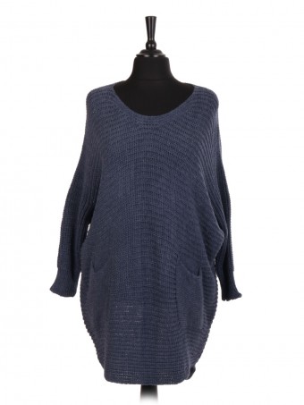 Italian Chunky Knit Longline Batwing Jumper With Front Pockets