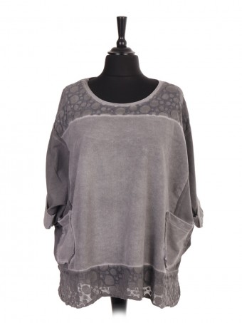 Italian Cold Dye Lace Panel Batwing Top With Front Pockets