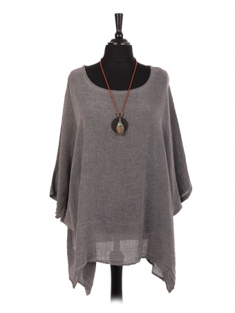 Italian Cold Dye Linen Batwing Top With Necklace