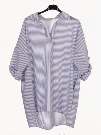 Italian Collard Notch Neck Stripe Cotton Top With Side Pockets