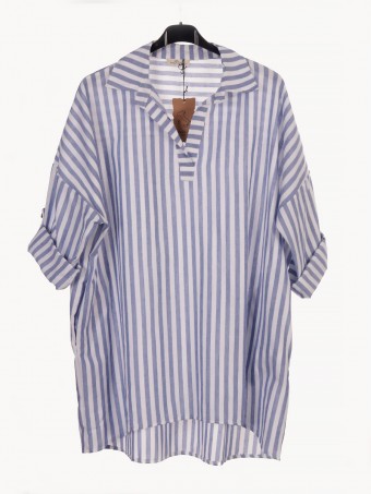 Italian Collard Notch Neck Wide Stripy Top With Side Pockets