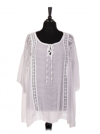 Italian Cotton Lace Panel Tie Neck Blouse