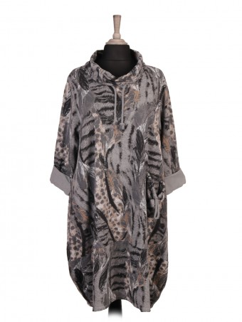 Italian Cowl Neck Feather Printed Lagenlook Dress