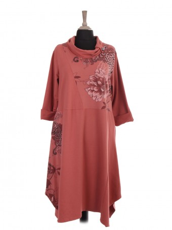 Italian Cowl Neck Printed Panel Lagenlook Dress With Side Pockets
