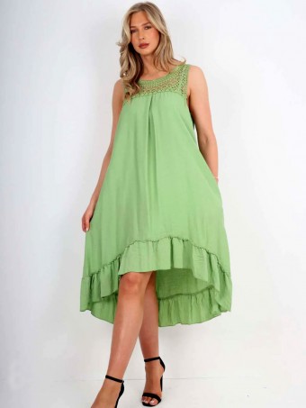 Italian Crochet Neck Frilled Hem Detail Dip Hem Dress