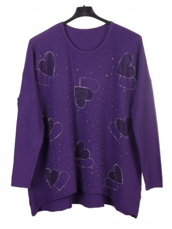 Italian Diamante Heart Detail Ribbed Knitted Jumper