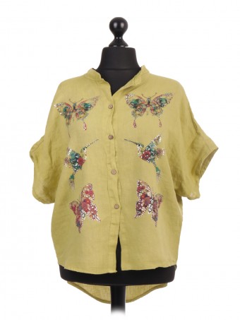 Italian Dip Hem Shirt Featuring Printed Butterflies