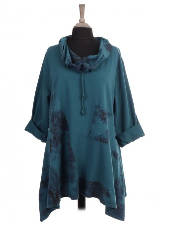 Italian Drawstring Cowl Neck Printed Tunic Top With Front Pocket