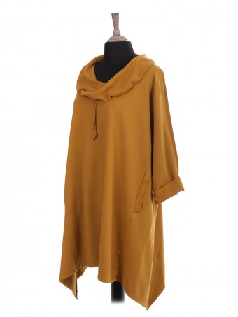 Italian Drawstring Cowl Neck Tunic Dress With Pockets