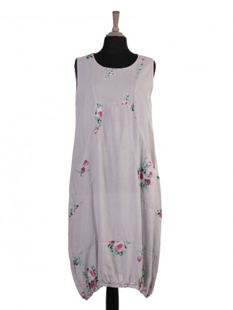Italian Elasticated Hem Floral Linen Lagenlook Dress