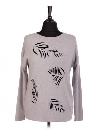 Italian Embossed Feather Pattern And Diamante Detail Jumper