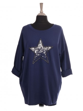 Italian Embroidered and Sequin Star Dip Hem Top With Side Pockets