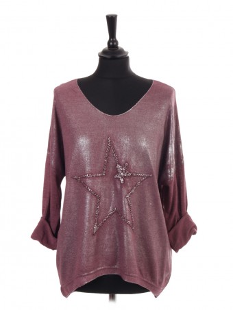 Italian Embroidered Star Shimmery Dip Hem Top