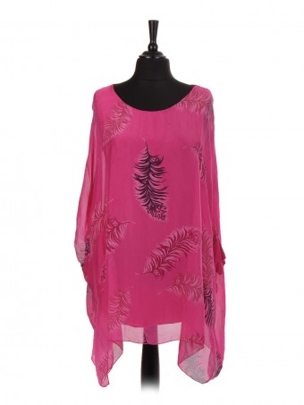 Italian Feather Print Batwing Silk Tunic Top